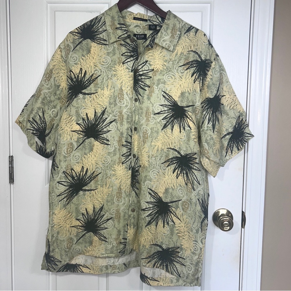 IZOD GOLF Men's Large Washable Silk Linen Tropical Palm Leaf Hawaiian Shirt